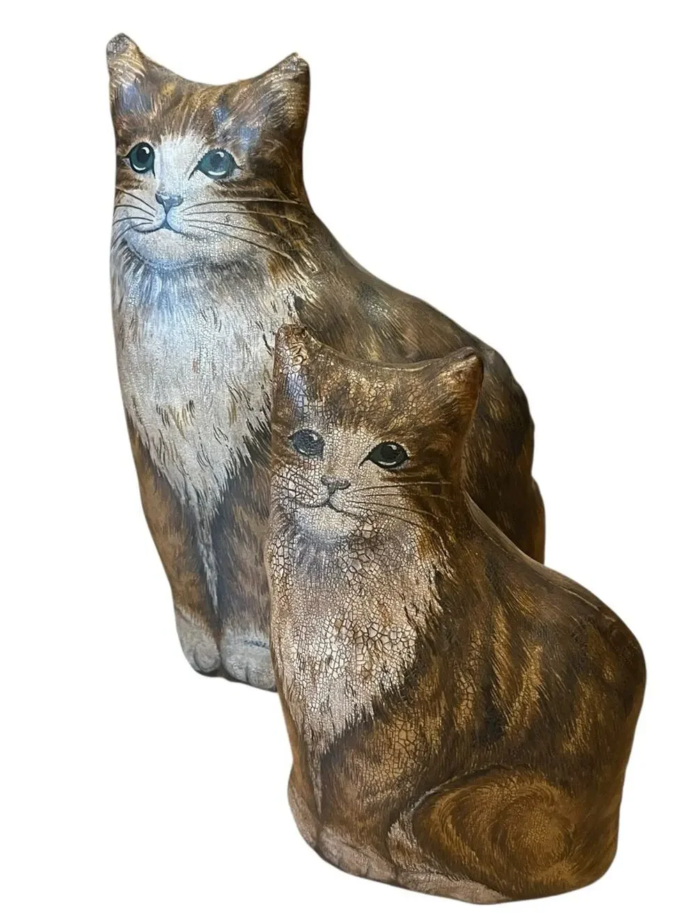 VTG Set Of 2 Oilcloth? Cat Kitty Pillows Decor Primitive Folk Art Mom & Kitten